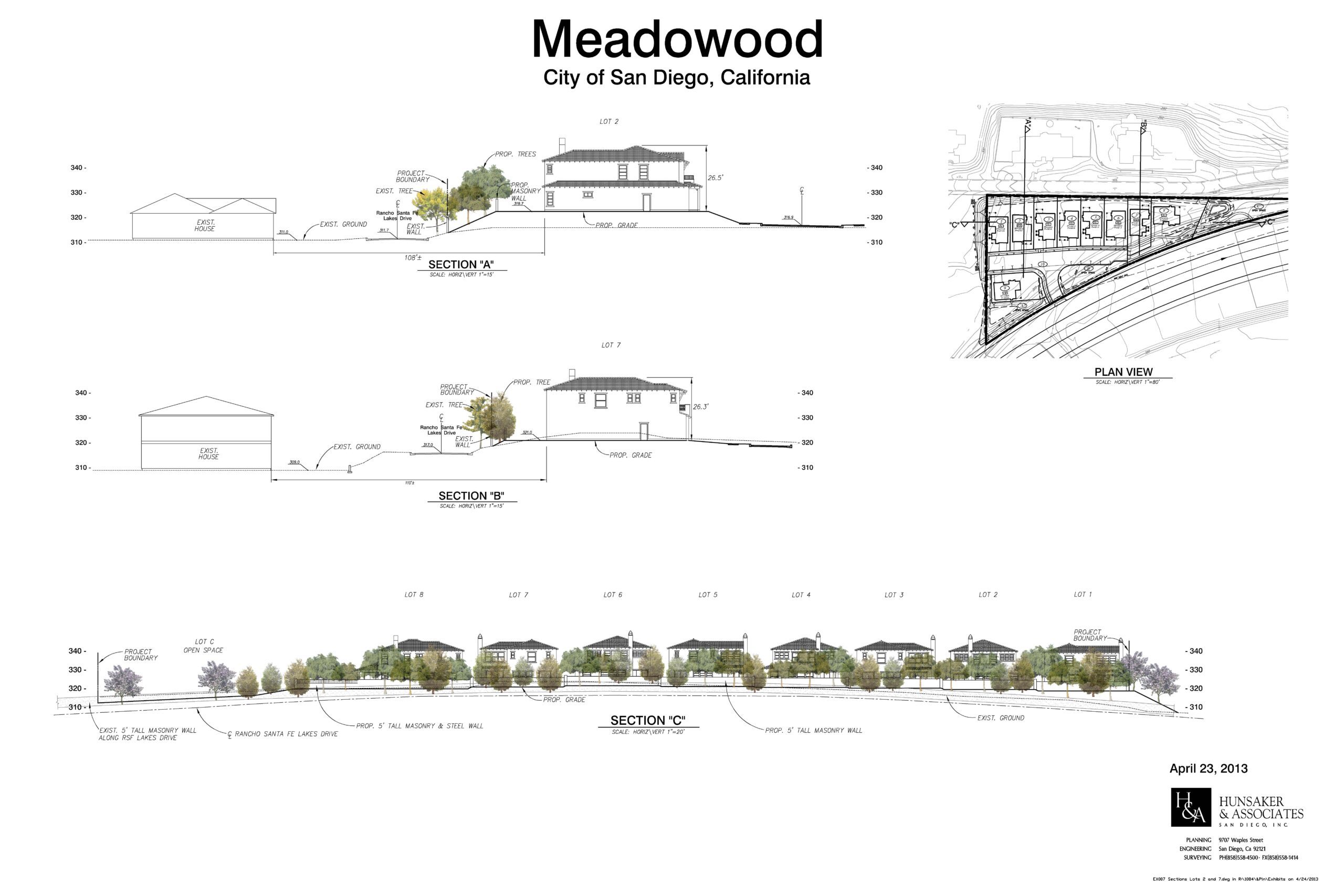 Meadowood Sections Exhibit Architectural plan titled "Meadowood City of San Diego, California" shows elevation views, sections, and site layout for a proposed development project, dated April 23, 2013.